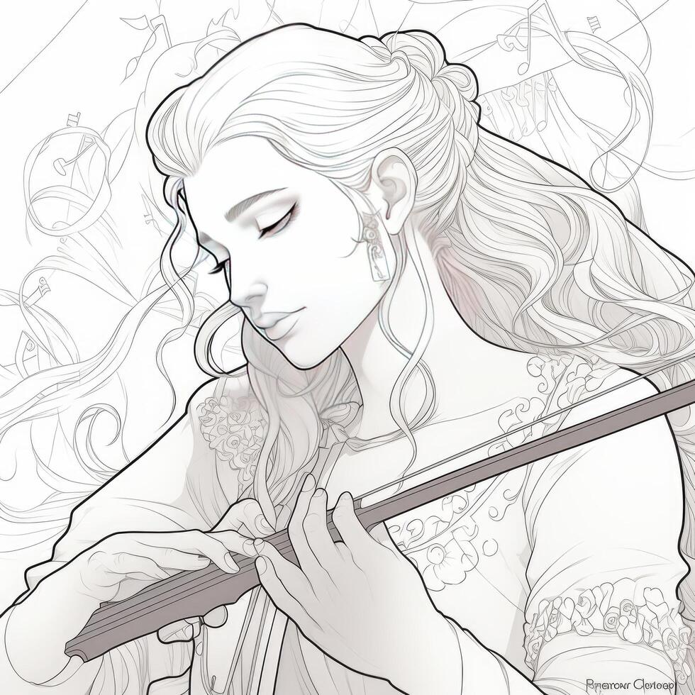 une coloration livre ligne art dessin de une jolie fille en jouant instrument génératif ai photo