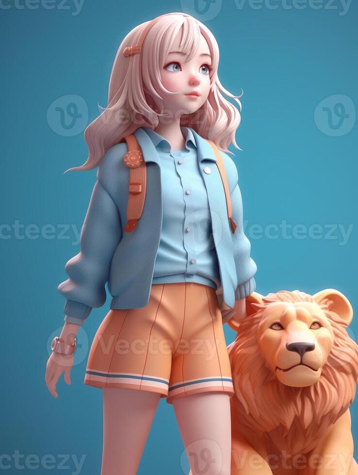 18 ans vieux mignonne Leo fille avec Lion 3d ouvrages d'art génératif ai photo