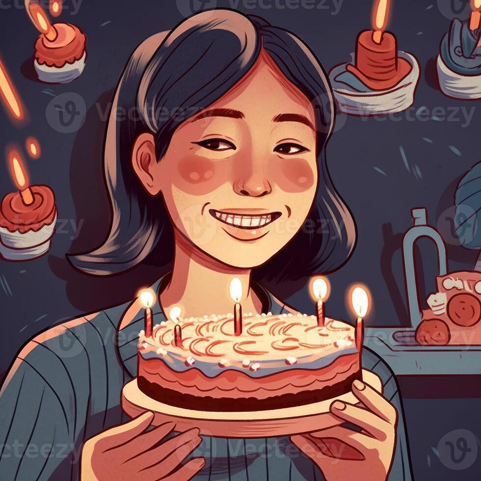 une fille est en portant une gâteau tandis que célébrer une anniversaire, dessin animé illustration avec génératif ai photo