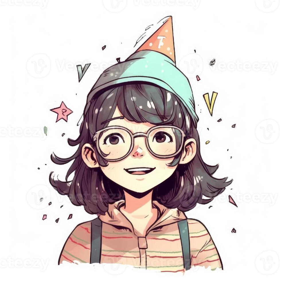 une enfant avec des lunettes et une chapeau est célébrer sa anniversaire, dessin animé illustration avec génératif ai photo