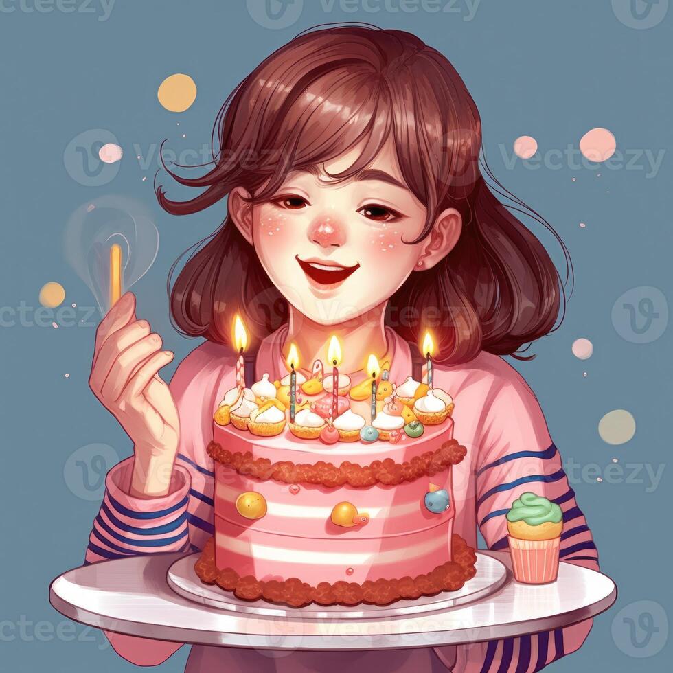 une fille est en portant une gâteau tandis que célébrer une anniversaire, dessin animé illustration avec génératif ai photo