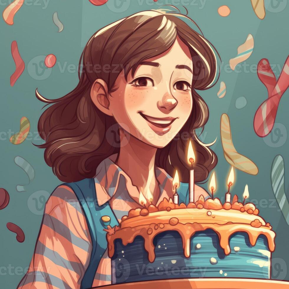 une fille est en portant une gâteau tandis que célébrer une anniversaire, dessin animé illustration avec génératif ai photo