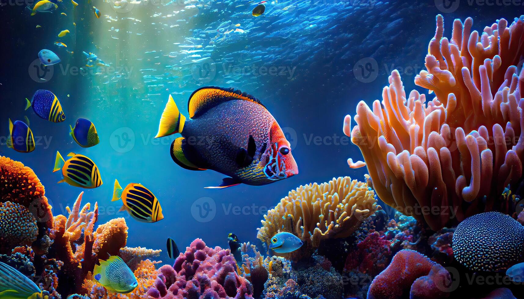 sous-marin scène. corail récif, coloré poisson groupes et ensoleillé ciel brillant par nettoyer océan l'eau. espace sous-marin pour vous à remplir ou juste utilisation autonome. haute rés. génératif ai photo