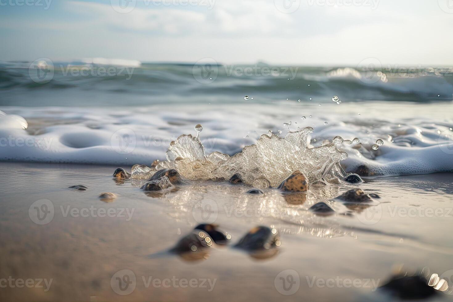 éclabousser vague sur sablonneux rive avec pétillant ensoleillement sur l'eau. génératif ai. photo