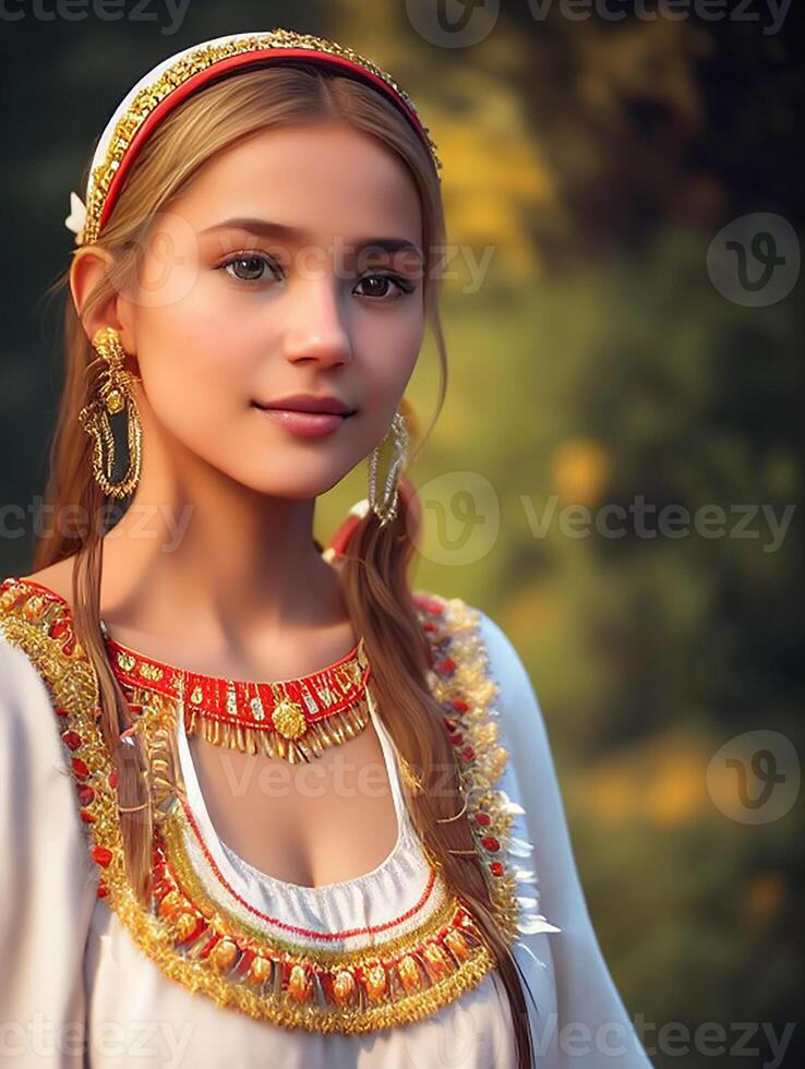 portrait de une slave européen fille dans nationale costume. génératif ai photo