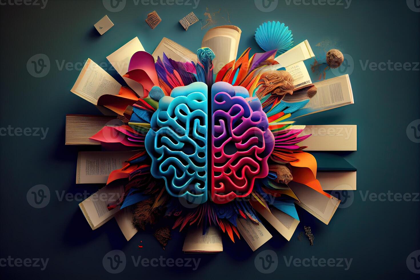 livre et cerveau - moderne idée et concept illustration entreprise. idée concept avec un ouvert livre, cerveau, et livre sur une vert arrière-plan.génératif ai photo