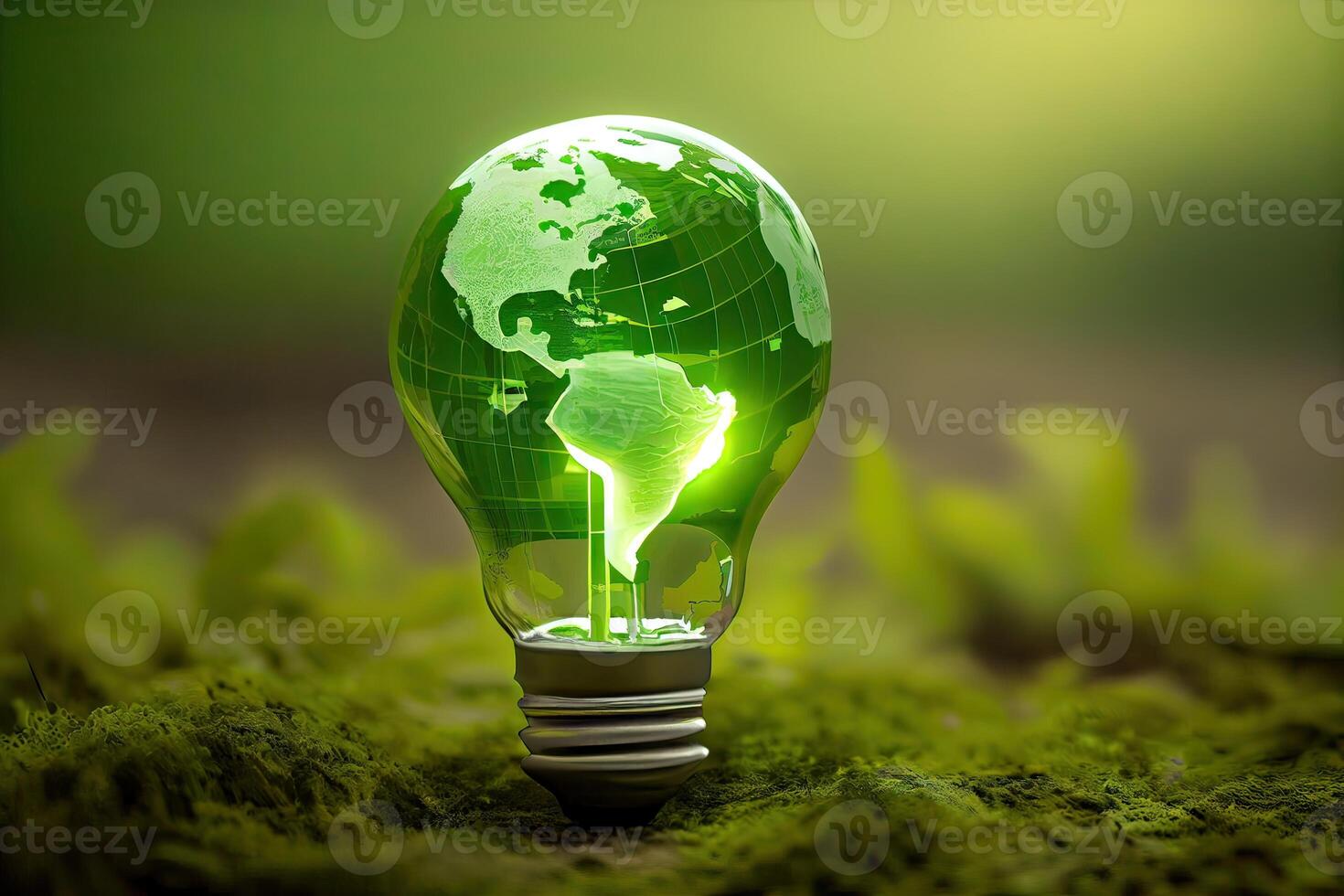 environnement protection, renouvelable, durable énergie sources. le vert monde carte est sur une lumière ampoule cette représente vert énergie renouvelable énergie cette est important à le monde. génératif ai photo