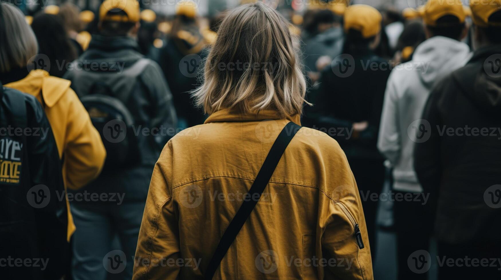 retour vue de une femmes. le foule recueillies à manifestation. génératif ai photo