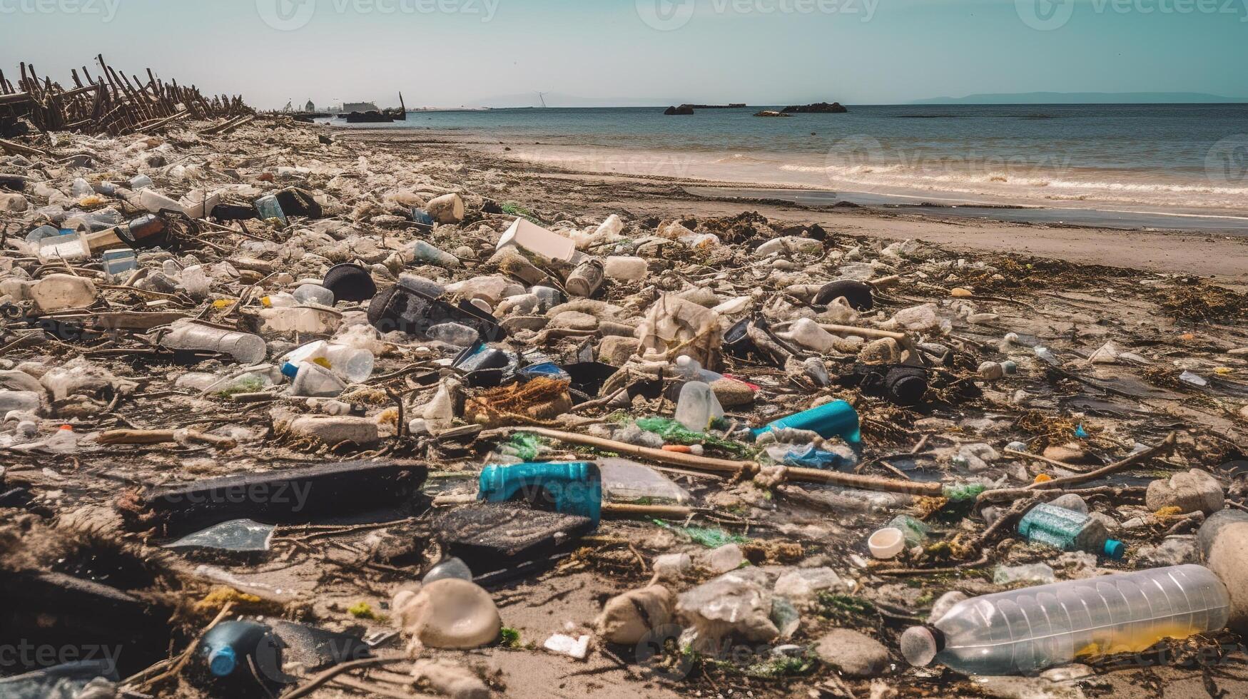 plage submergé par des ordures et Plastique déchets. génératif ai photo