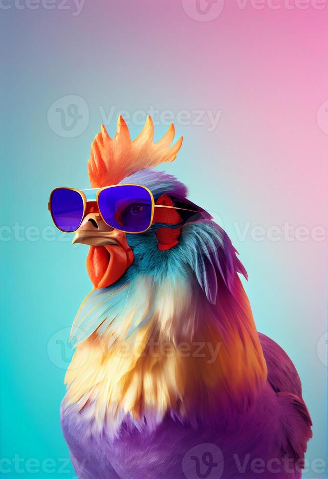 Créatif animal composition. poulet portant nuances lunettes de soleil monocle isolé. pastel pente Contexte. avec texte copie espace. produire ai photo