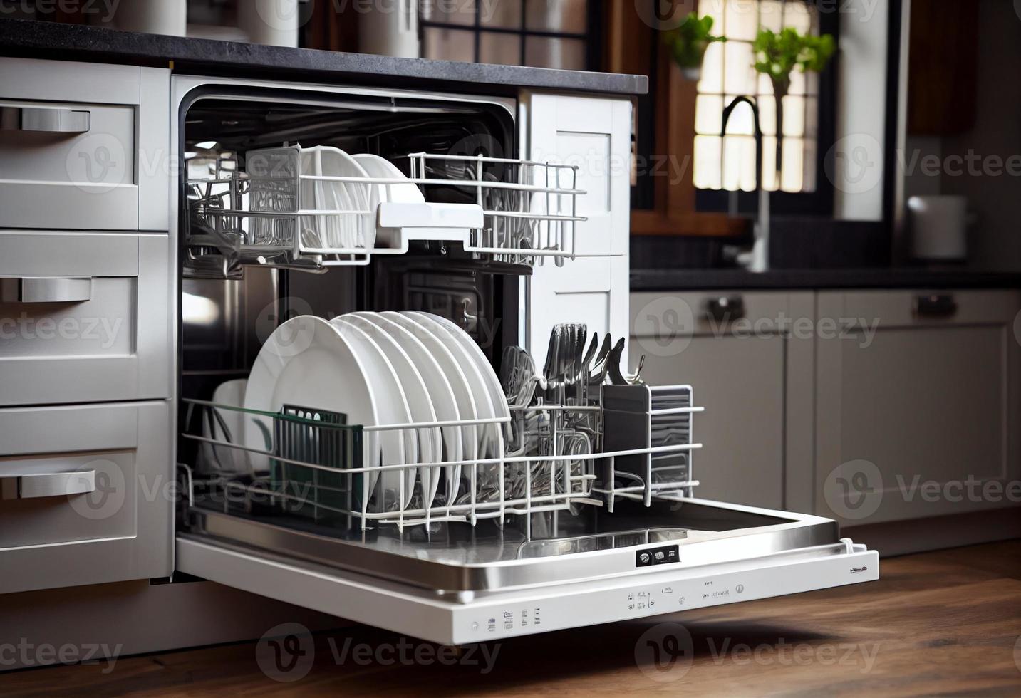 ouvert Lave-vaisselle machine dans cuisine pièce avec sale assiettes ou  nettoyer vaisselle après la lessive à l'intérieur concept par ai généré  33555586 Photo de stock chez Vecteezy