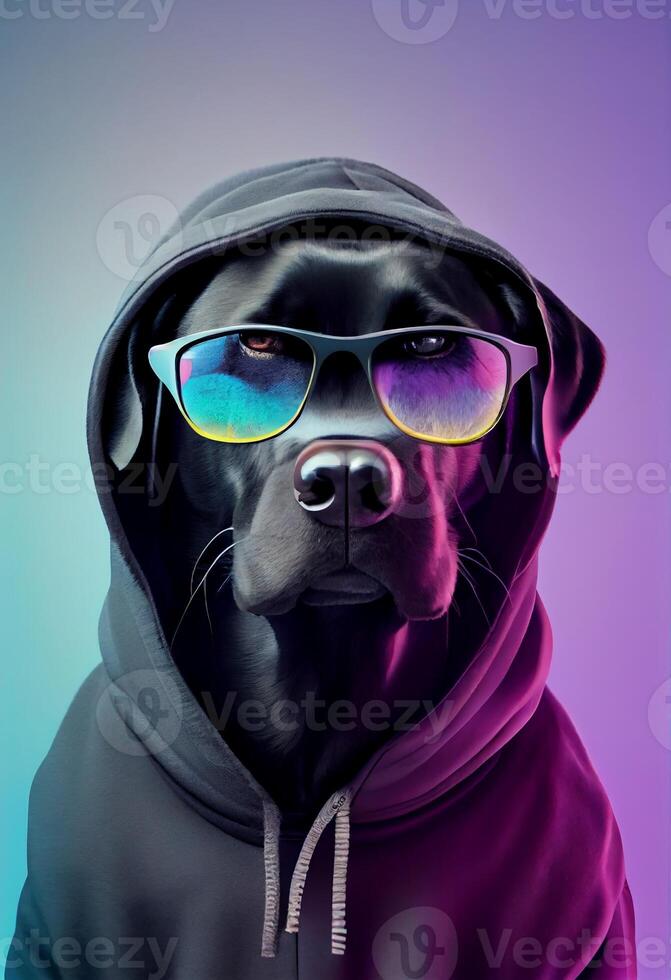 Créatif animal composition. noir Labrador dans déchiré sweatshirt à capuche, portant nuances lunettes de soleil monocle isolé. pastel pente Contexte. avec texte copie espace. produire ai photo