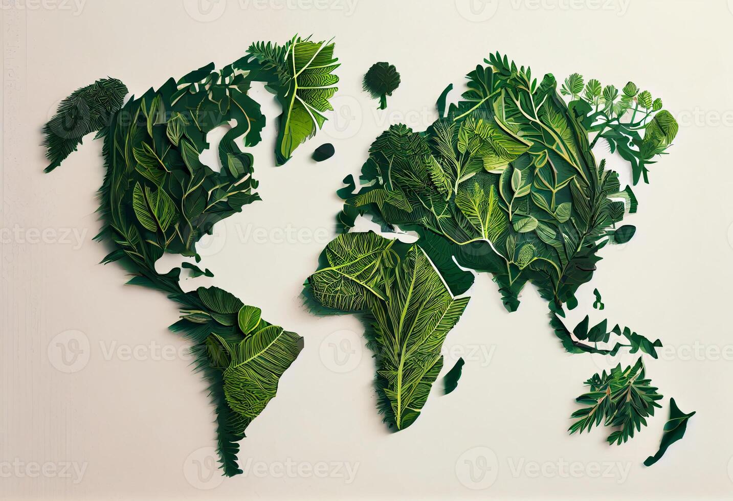 écologiquement amical planète. symbolique arbre fabriqué de vert feuilles et branches avec croquis carte de le monde. minimal la nature concept. pense vert. écologie concept. Haut voir. plat poser. produire ai photo