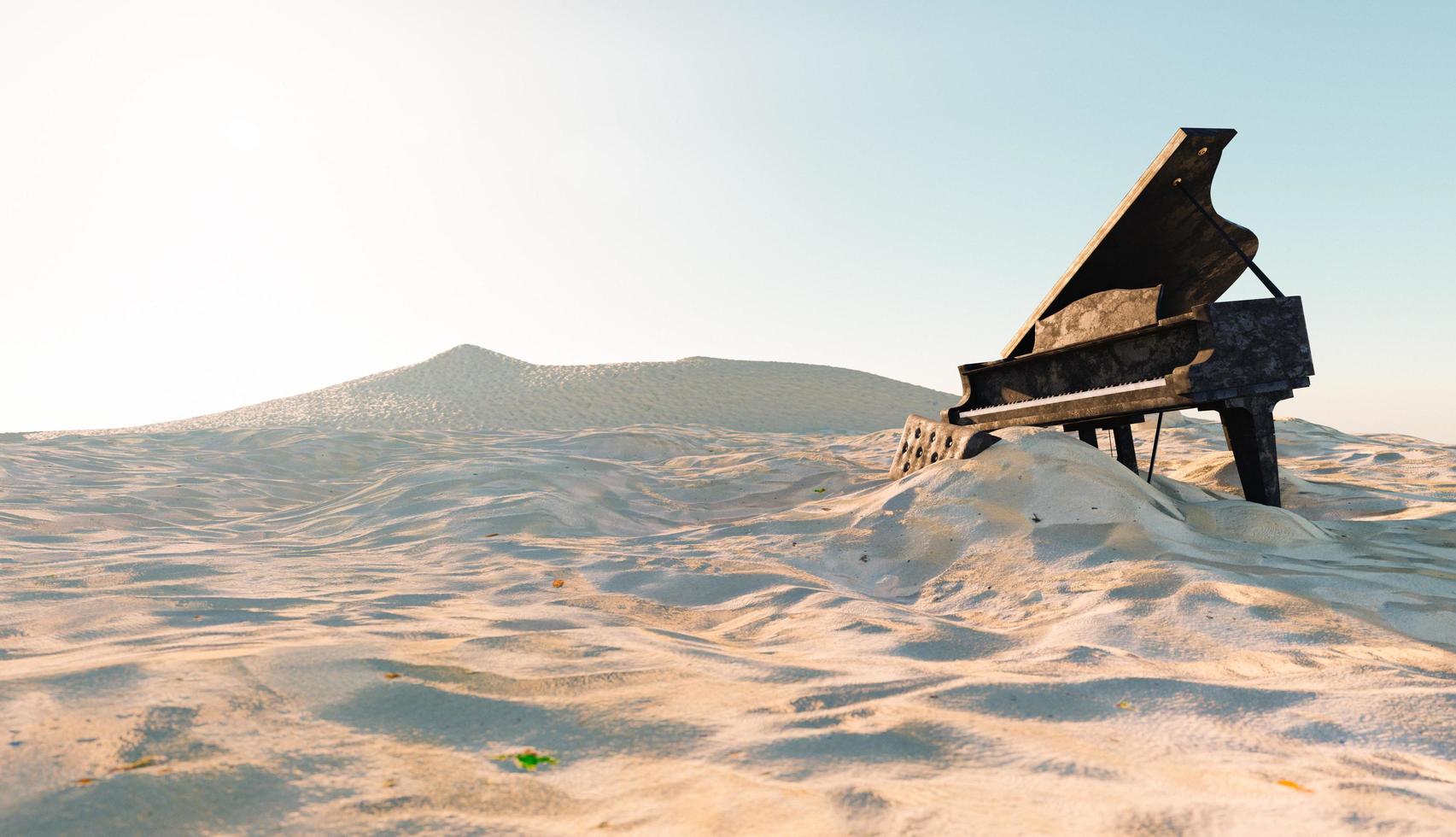 Piano abandonné et endommagé sur la plage avec du sable qui le recouvre, illustration 3d photo