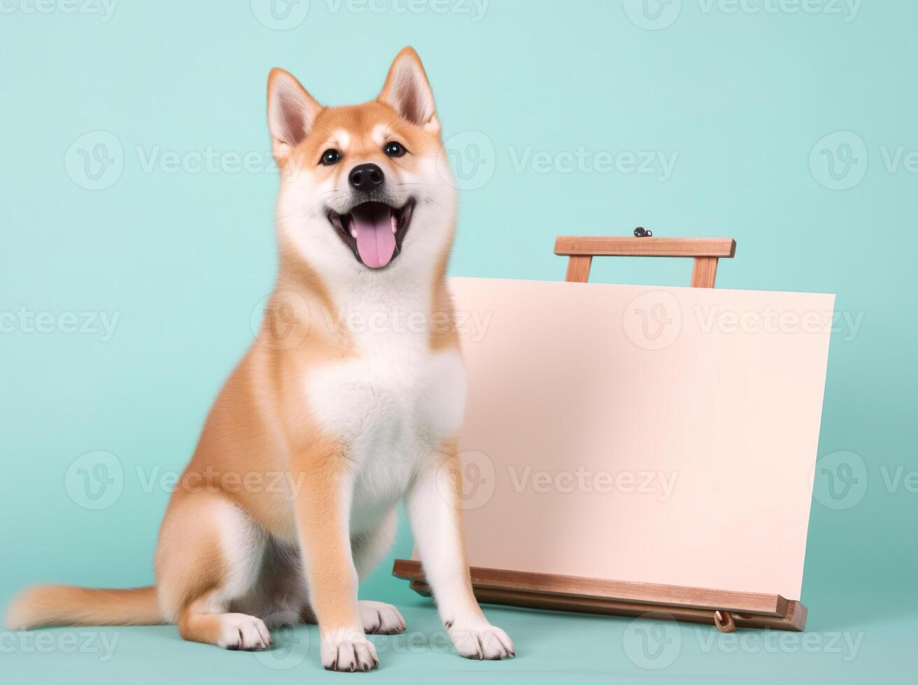 une mignonne content shiba inu chien avec Vide tableau blanc sur isolé pastel Couleur arrière-plan, espiègle et adorable animal de compagnie, génératif ai photo