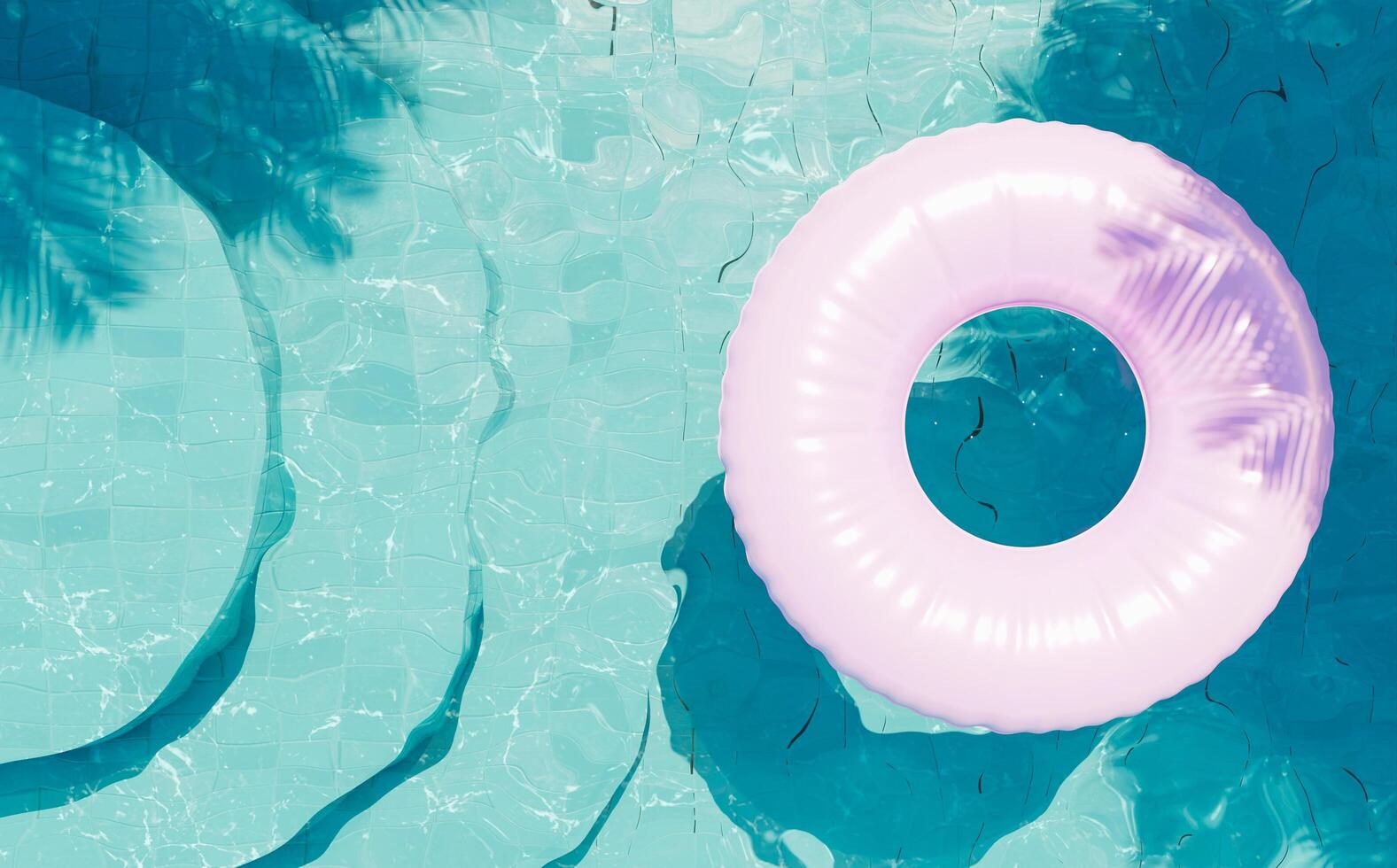 Piscine à fond bleu avec escalier rond vu d'en haut avec un flotteur rose et l'ombre des palmiers, rendu 3d photo