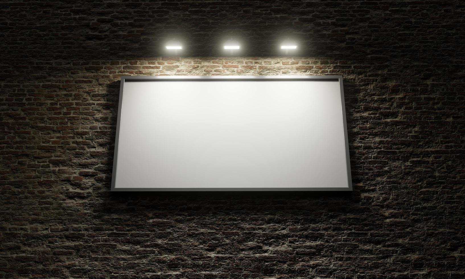 Affiche publicitaire sur un mur de briques avec des projecteurs, rendu 3d photo