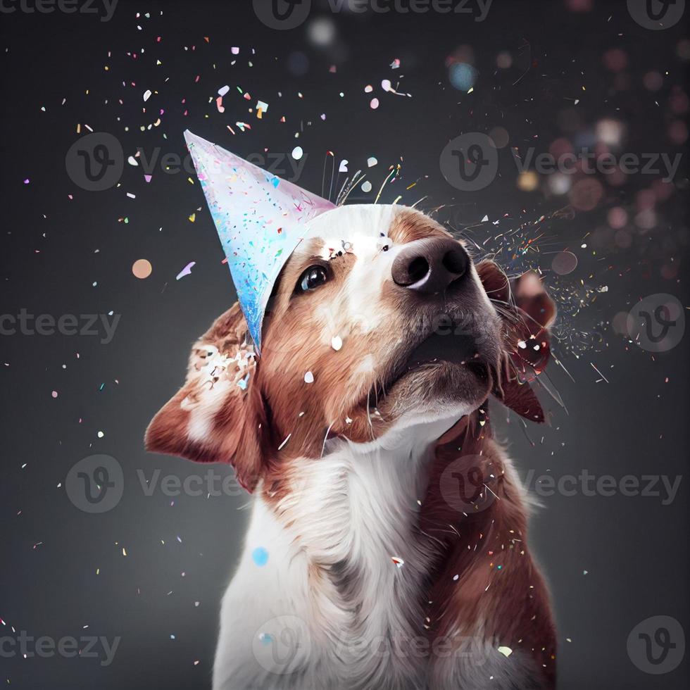 mignonne chien avec une fête chapeau célébrer sa anniversaire, confettis chute. produire ai photo