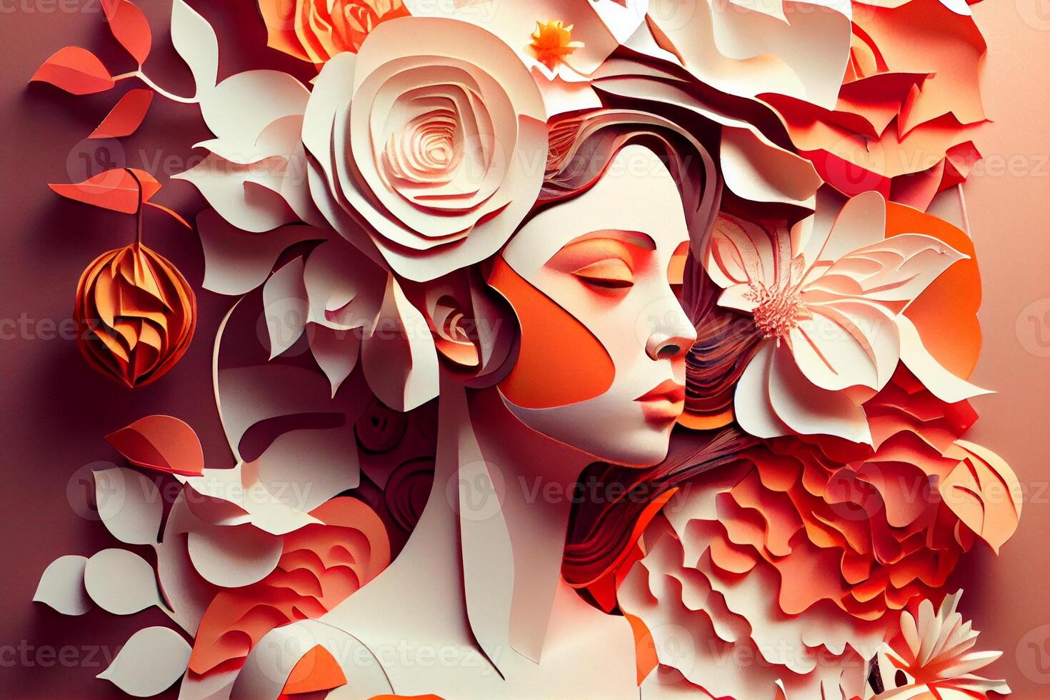 papier art , abstrait femme avec fleurs composition. produire ai photo