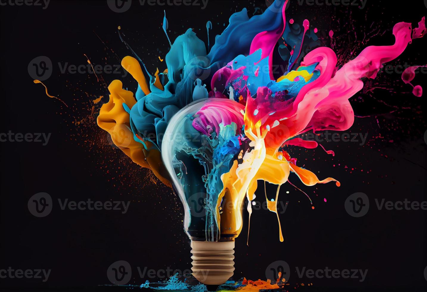 Créatif lumière ampoule explose avec éclaboussures de multicolore peindre sur une foncé Contexte. produire ai photo