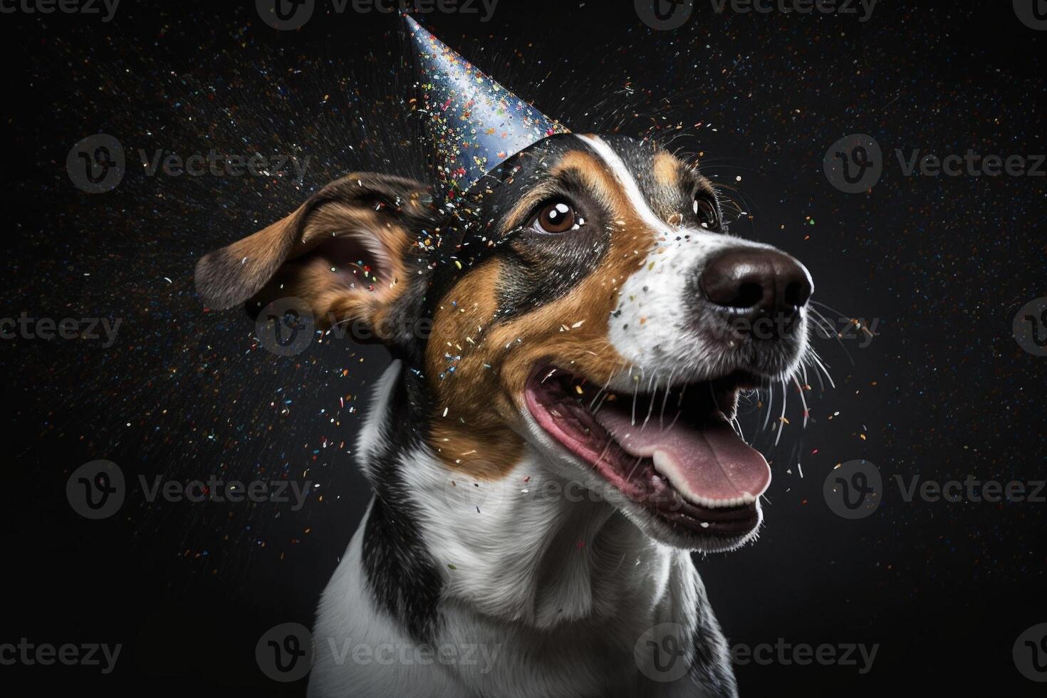 mignonne chien avec une fête chapeau célébrer sa anniversaire, confettis chute. produire ai photo