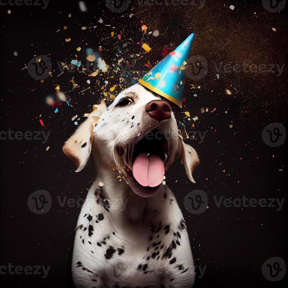 mignonne chien avec une fête chapeau célébrer sa anniversaire, confettis chute. produire ai photo