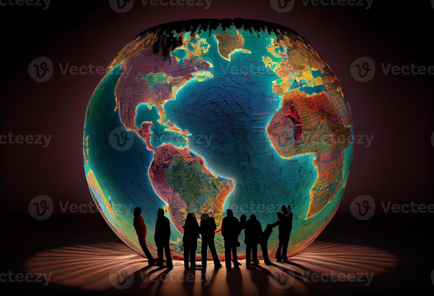 une groupe de gens permanent autour une grand globe avec une carte de le monde. produire ai. photo