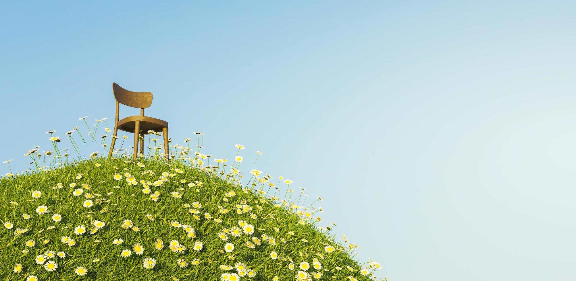 Chaise en bois solitaire sur une colline pleine de marguerites et d'herbe avec un ciel bleu clair, rendu 3d photo