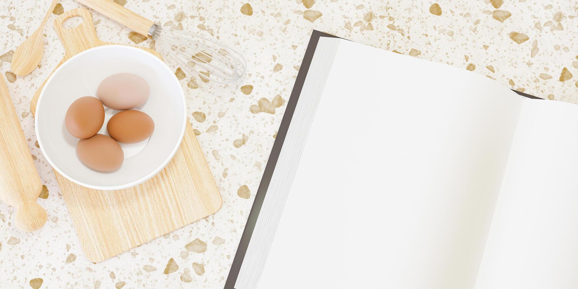 Accessoires de cuisine en bois pour faire des gâteaux avec un grand livre blanc à côté d'eux et des œufs dans un bol, rendu 3d photo