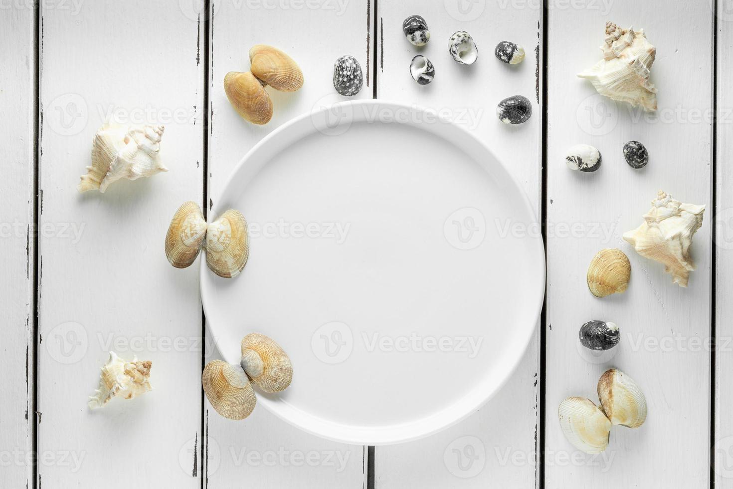 blanc assiette avec coquillages sur blanc bois arrière-plan, fond d'écran photo