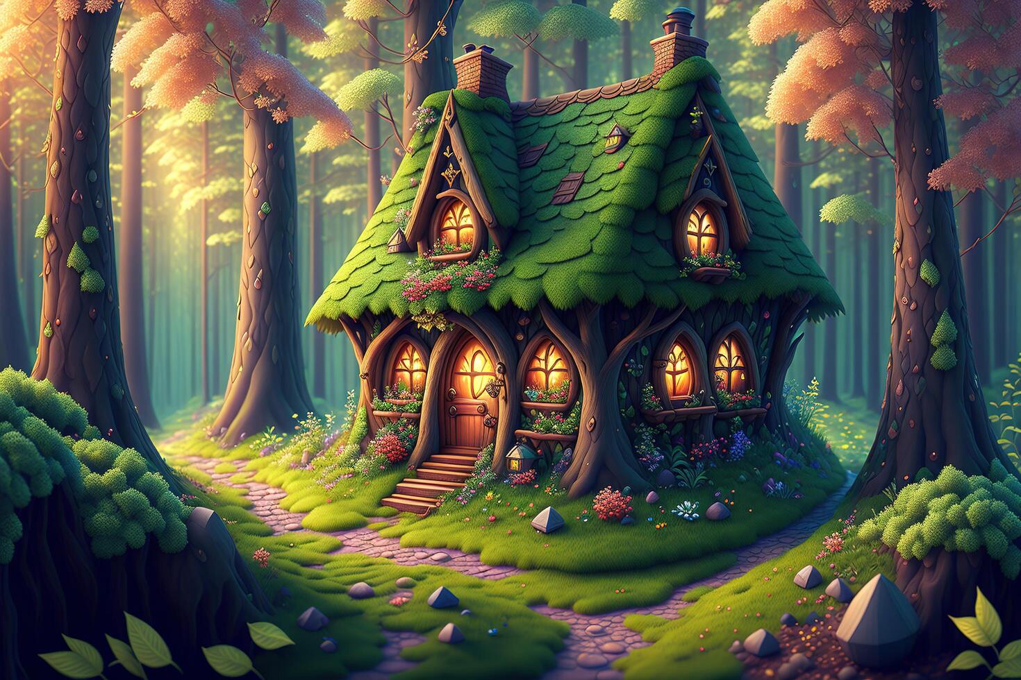 fantaisie maison Fée conte peu chalet dans magique forêt par ai généré photo