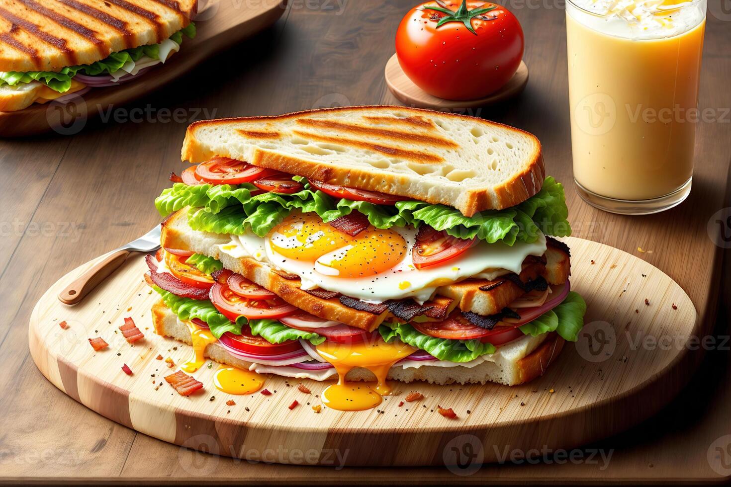 grillé et sandwich avec Bacon frit Oeuf tomate et salade servi sur en bois Coupe planche par ai généré photo