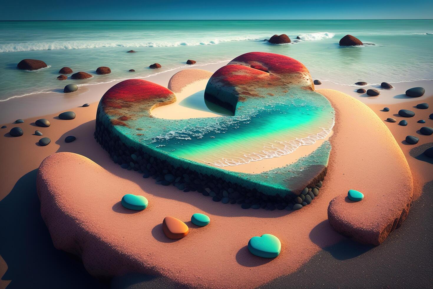 cœur fabriqué en dehors de rochers sur une plage par ai généré photo