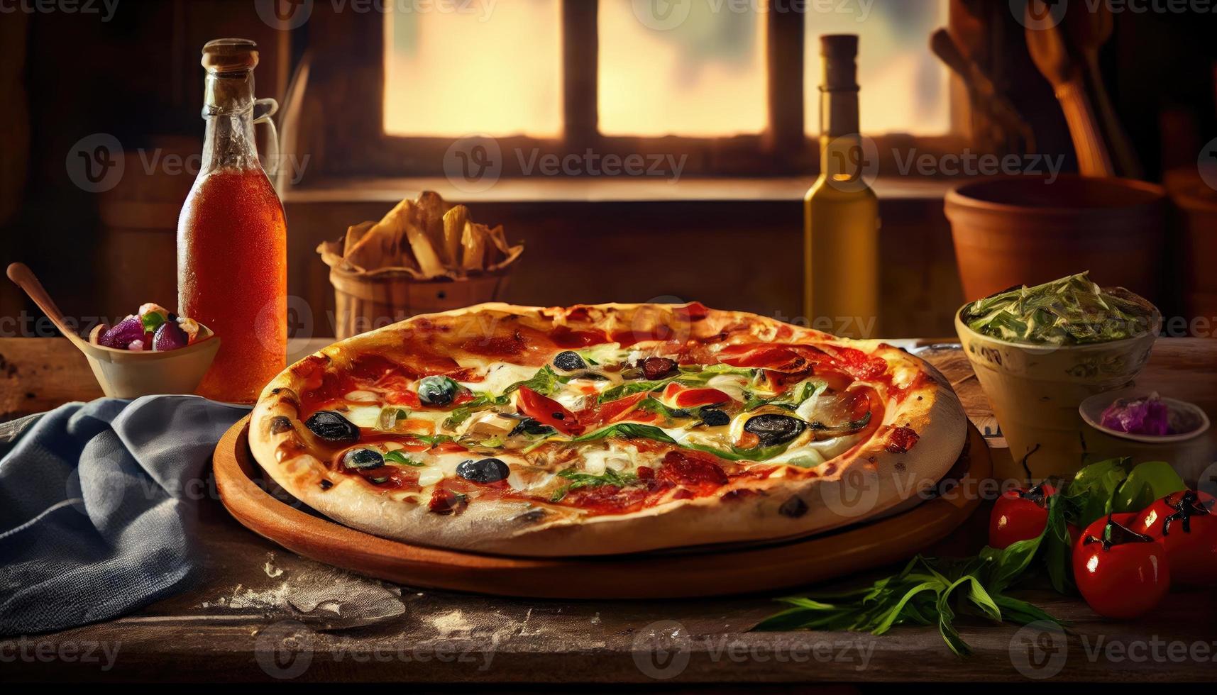 délicieux Pizza sur le table dans une restaurant, italien cuisine. produire ai. photo