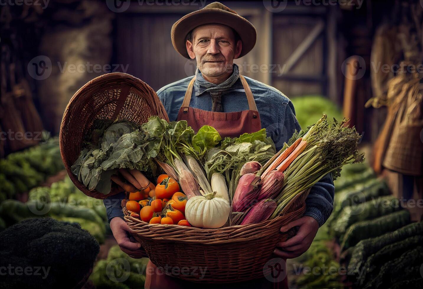 agriculteur détient une panier de récolté des légumes contre le Contexte de une cultiver. récolte. produire ai. photo