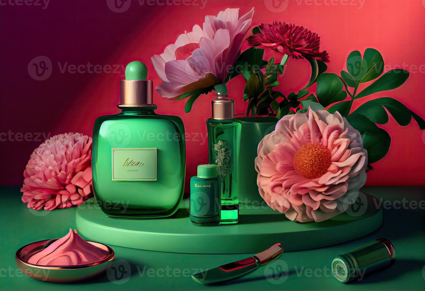 une vert Contexte avec fleurs, produits de beauté, et autre articles sur il, comprenant une bouteille de parfum et une fleur sur le table Haut de le tableau, et une vert Contexte avec rose fleurs. produire ai. photo