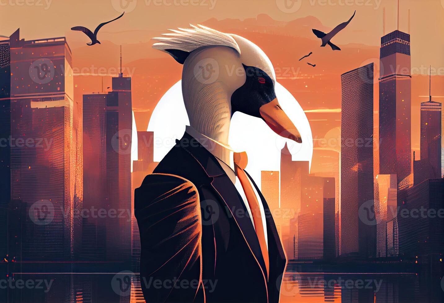 portrait de un anthropomorphe cygne habillé comme une homme d'affaire contre le toile de fond de une moderne ville à le coucher du soleil. produire ai. photo