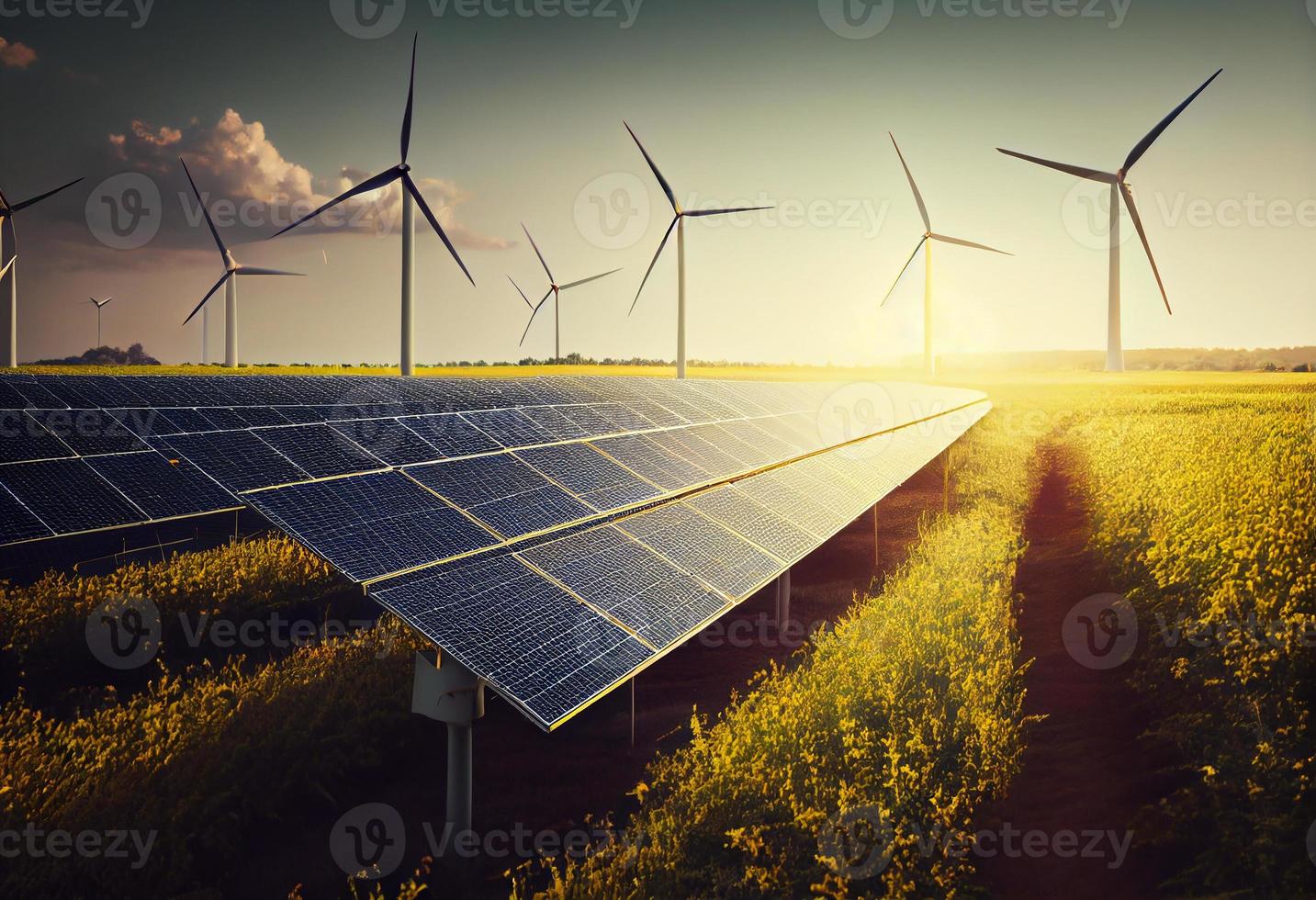 vent turbines et solaire panneaux ferme dans une champ. renouvelable vert énergie. produire ai. photo