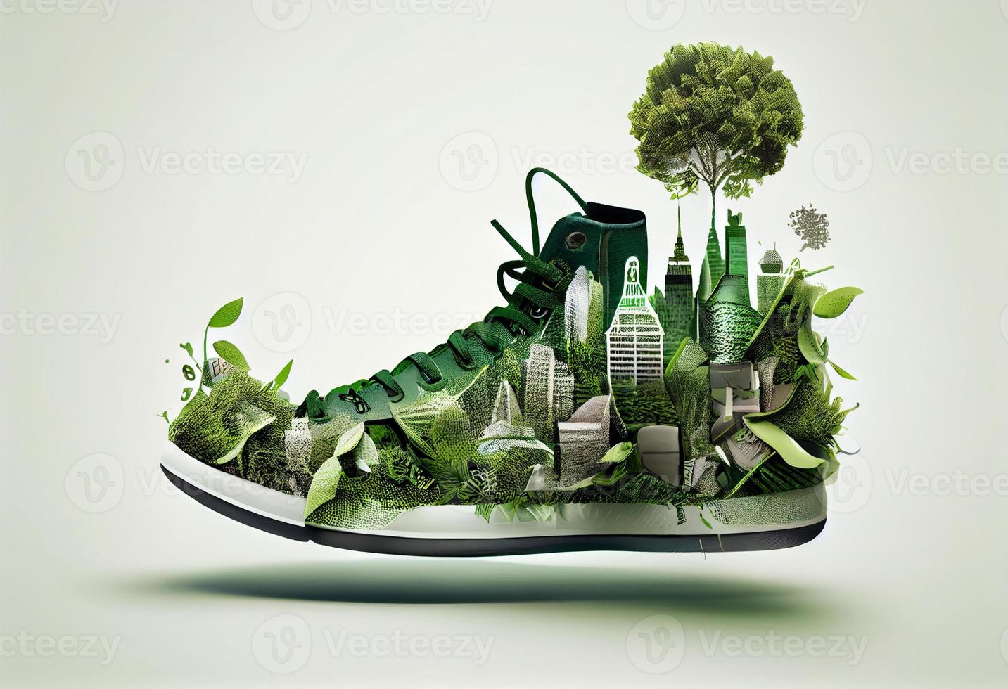 chaussure avec verdure et ville , carbone empreinte concept. produire ai. photo