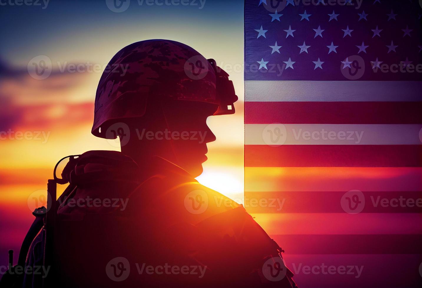 Etats-Unis armée soldats saluer sur une Contexte de le coucher du soleil ou lever du soleil et Etats-Unis drapeau. produire ai. photo