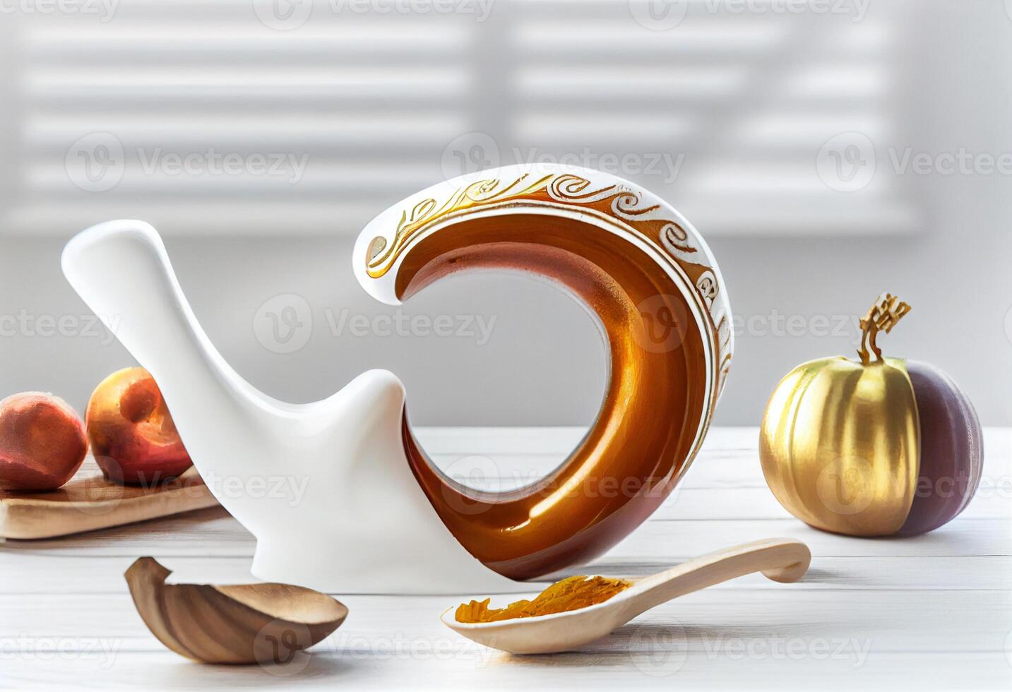 shofar et autre rosh hashanah vacances les attributs sur blanc en bois table à l'intérieur . produire ai. photo