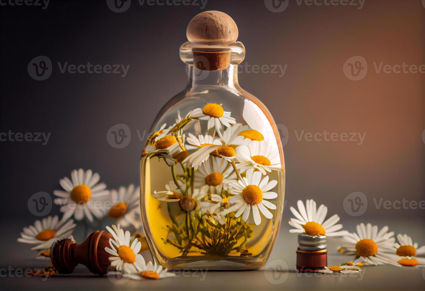 essentiel pétrole dans verre bouteille avec Frais camomille fleurs. produire ai. photo