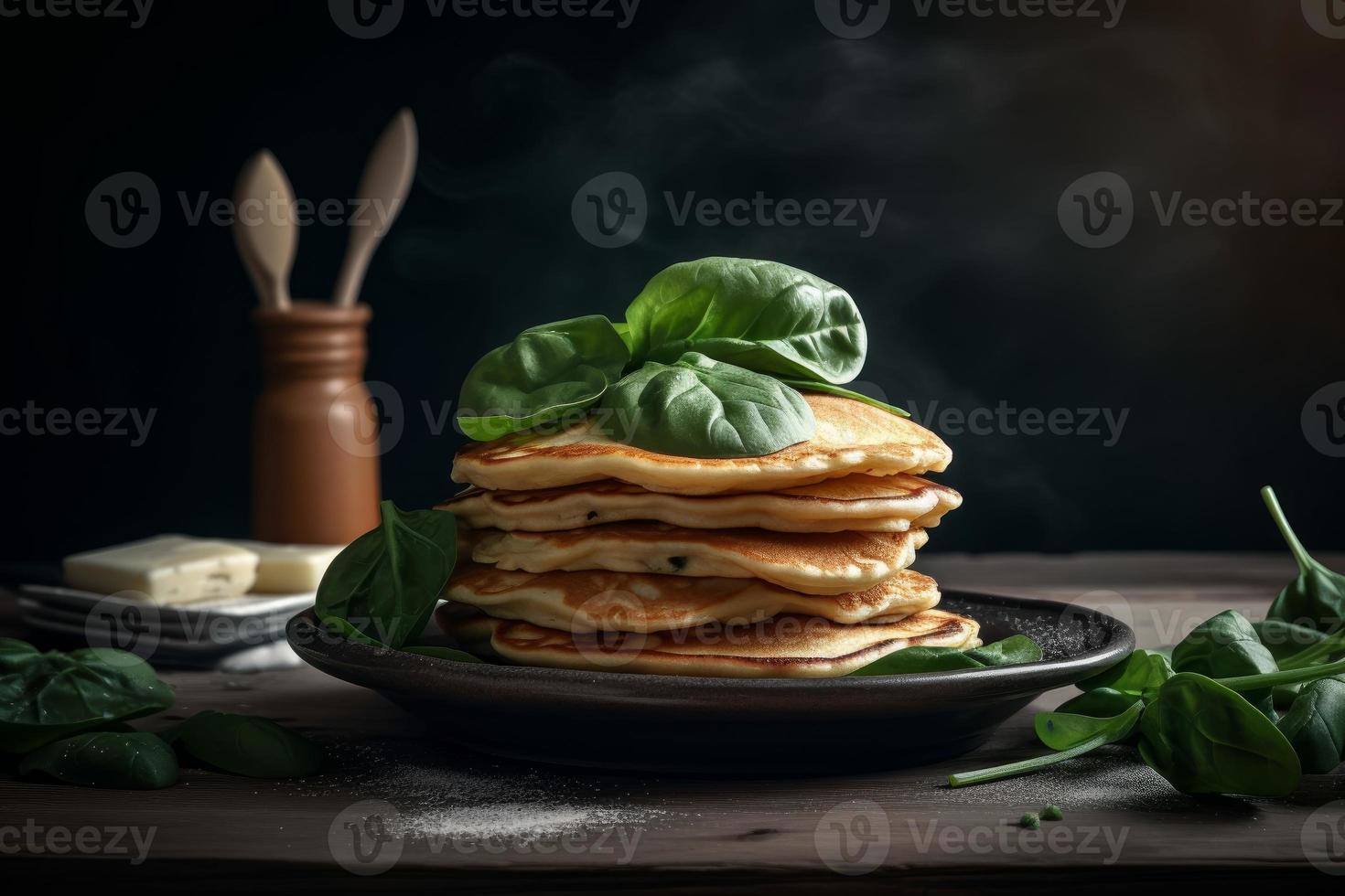 chaud Crêpes avec vert épinard. produire ai photo