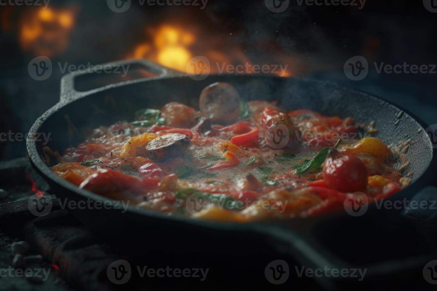 grésillant légume ragoût, friture la poêle plaisir, foncé arrière-plan, culinaire chef-d'oeuvre génératif ai photo