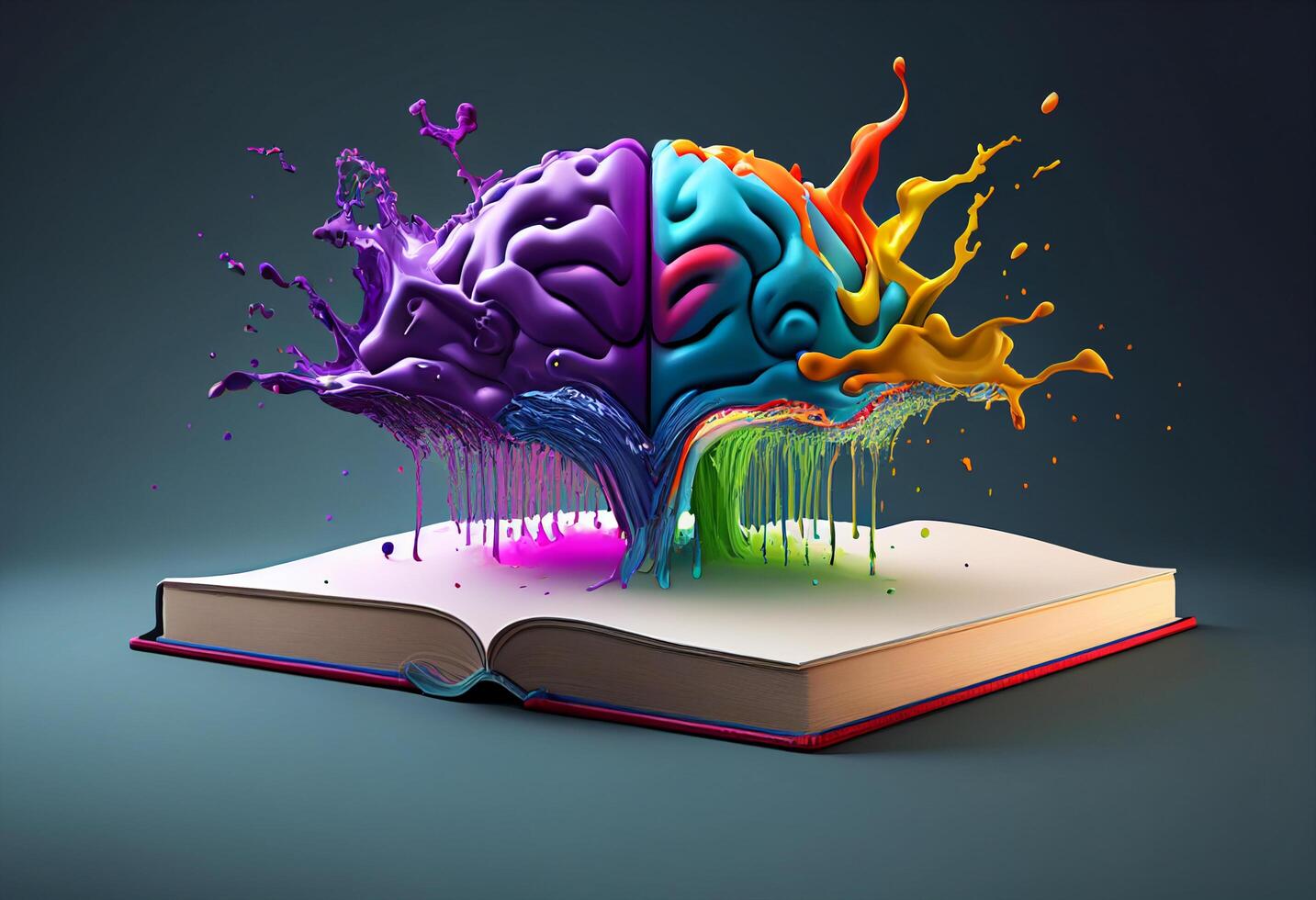 ouvert livre avec coloré peindre éclaboussures humain cerveau . 3d illustration génératif ai photo