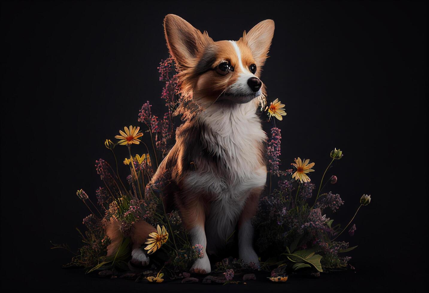 portrait de une magnifique chien avec une bouquet de fleurs sur une noir Contexte génératif ai photo