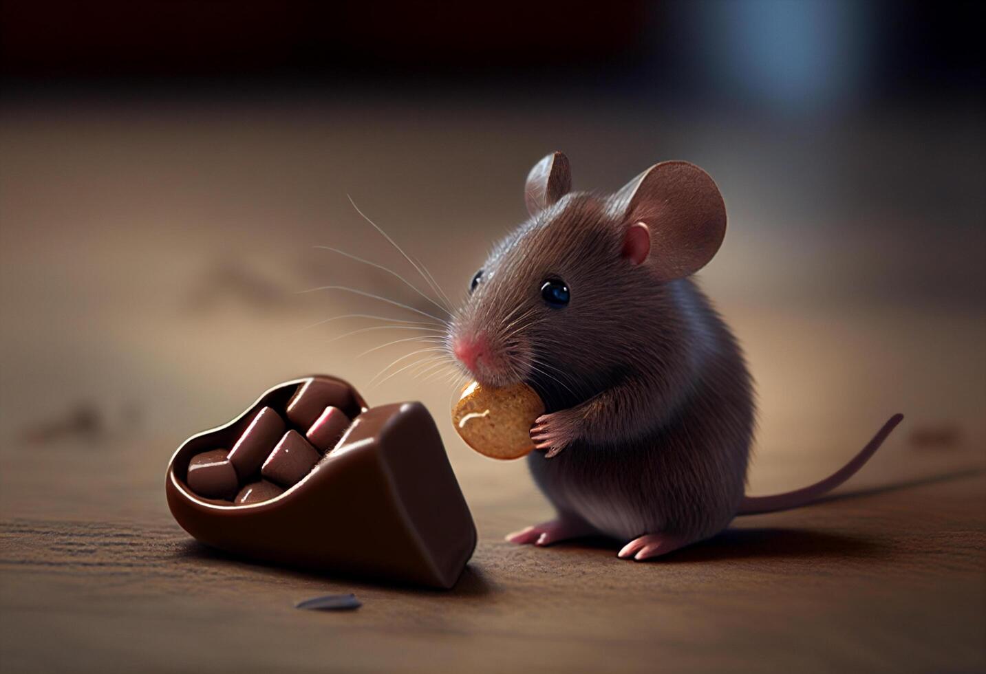 marron Souris avec Chocolat des sucreries sur foncé Contexte. 3d illustration génératif ai photo