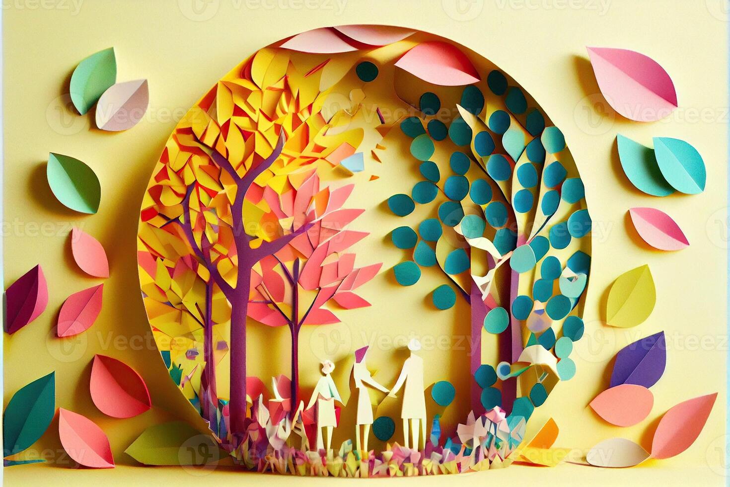 génératif ai illustration de origami printemps arrière-plan, joyeux âgé, content famille avec parent, coloré. papier Couper artisanat, 3d papier illustration style, pop couleur. neural réseau généré art. photo