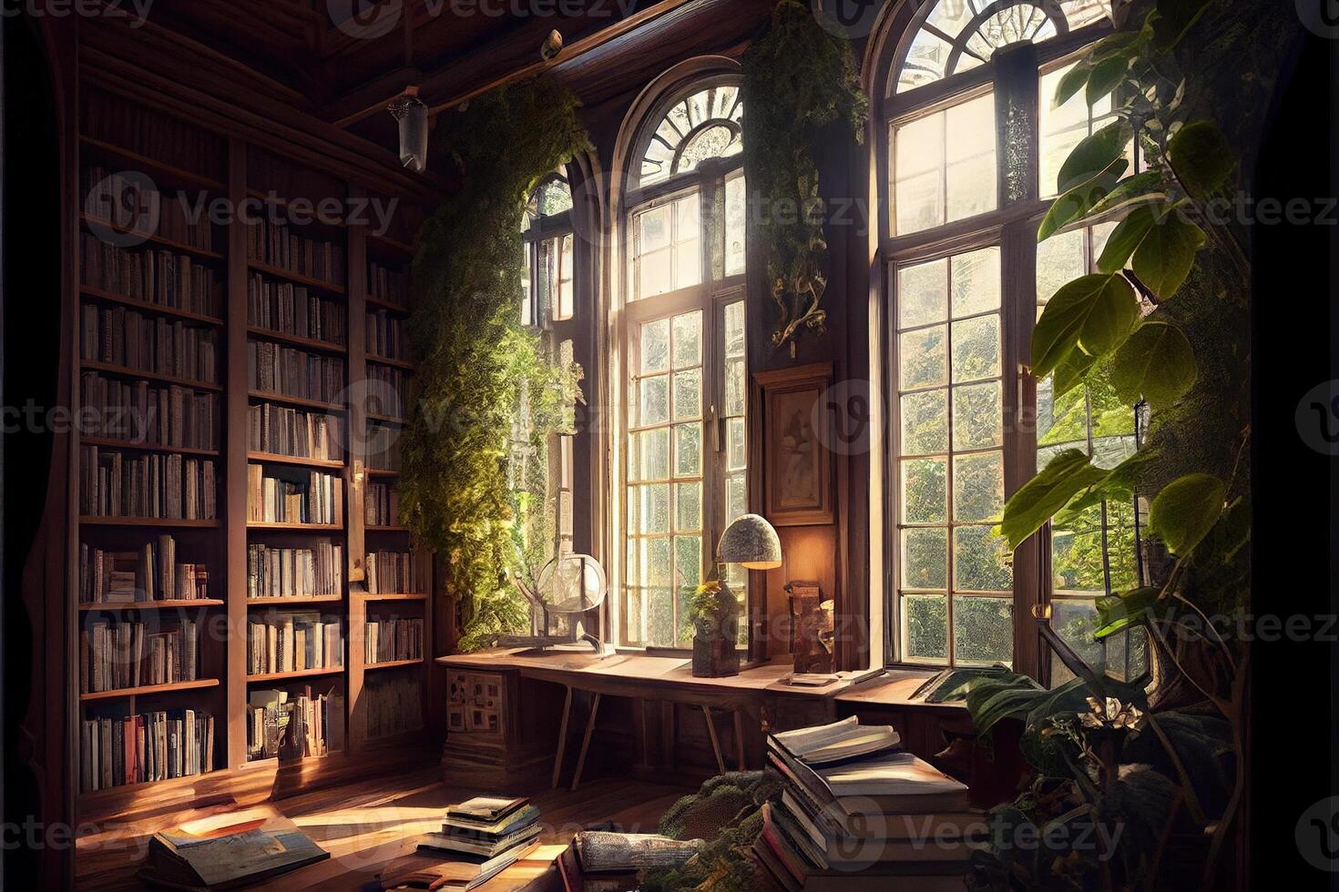 génératif ai illustration de à l'intérieur une magnifique bibliothèque,  gros les fenêtres, Naturel lumière, les plantes et mousse sur des murs,  beaucoup de livres, en bois étagères 22655535 Photo de stock chez