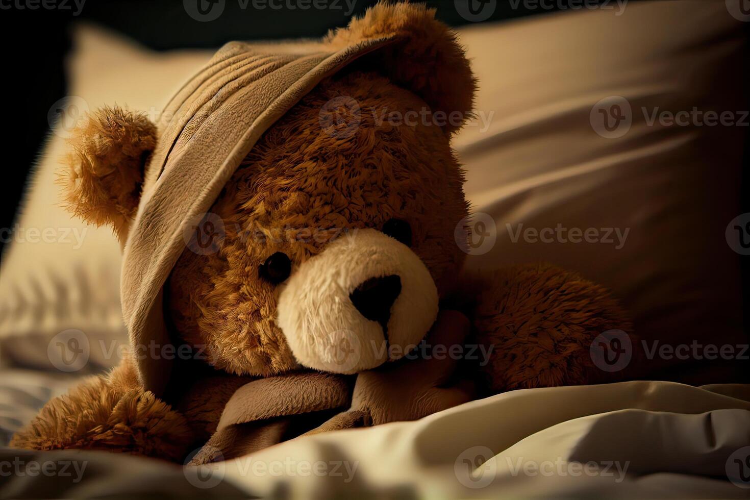 génératif ai illustration de une nounours ours pose dans lit et sentiment malade photo